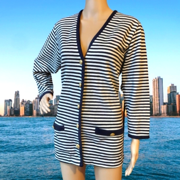 Navy Blue, White, & Gold Striped Nautical Cardigan with Detailed Button Closure - Picture 3 of 11